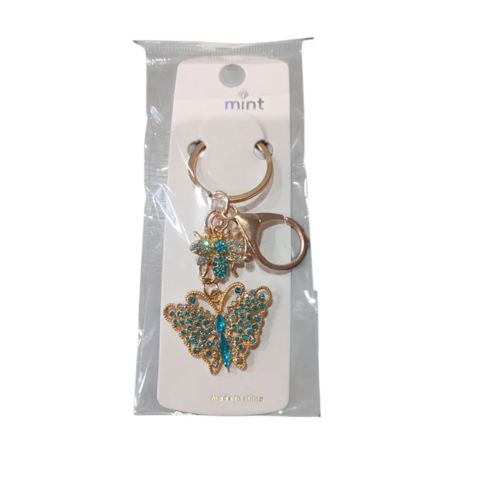 Beautiful Lt.Blue Rhinestone Butterfly Bumblebee Gold Tone Keychain Purse Charm